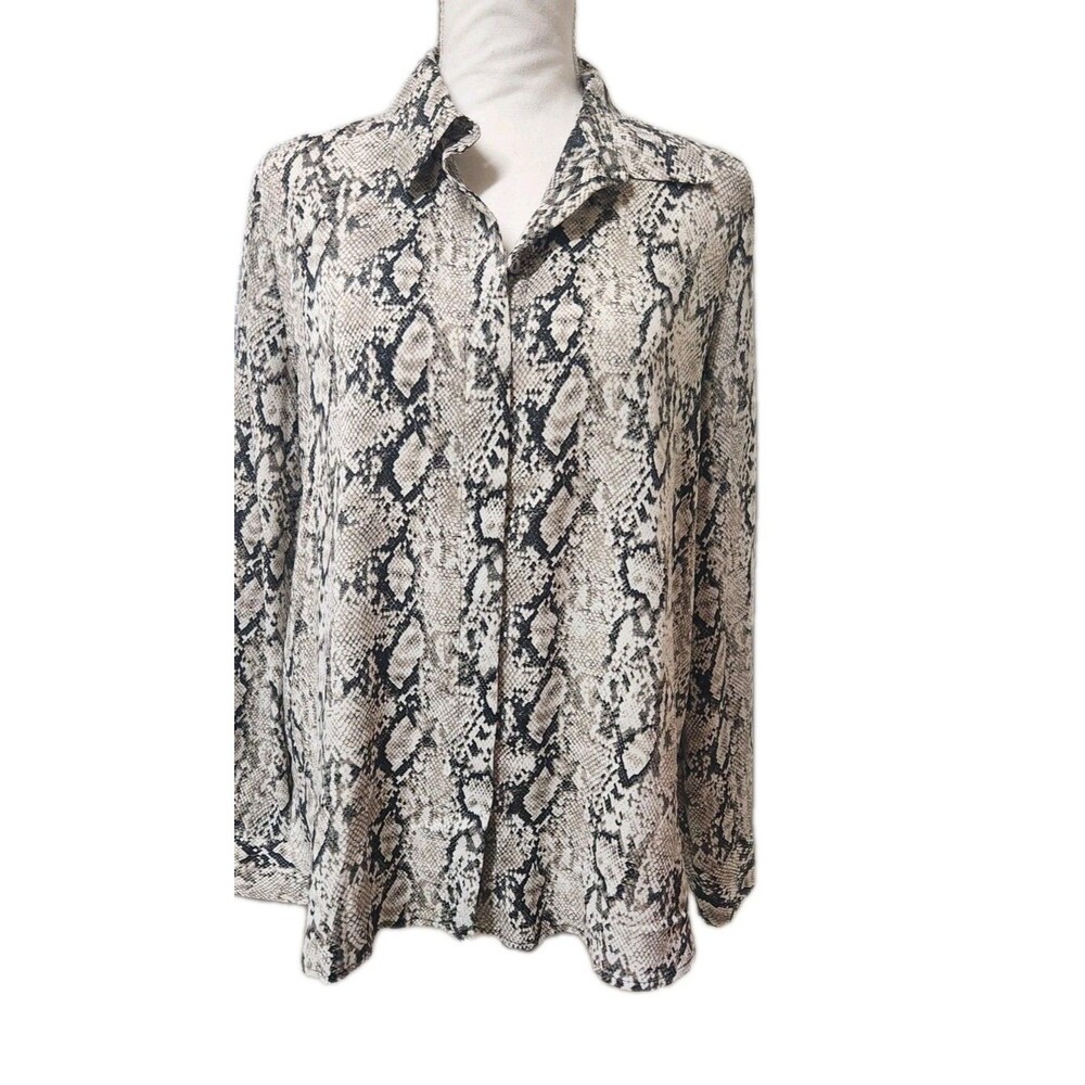 Mango MNG Black & White Brown Snake Print Long Sleeve Blouse Womens 6 Career